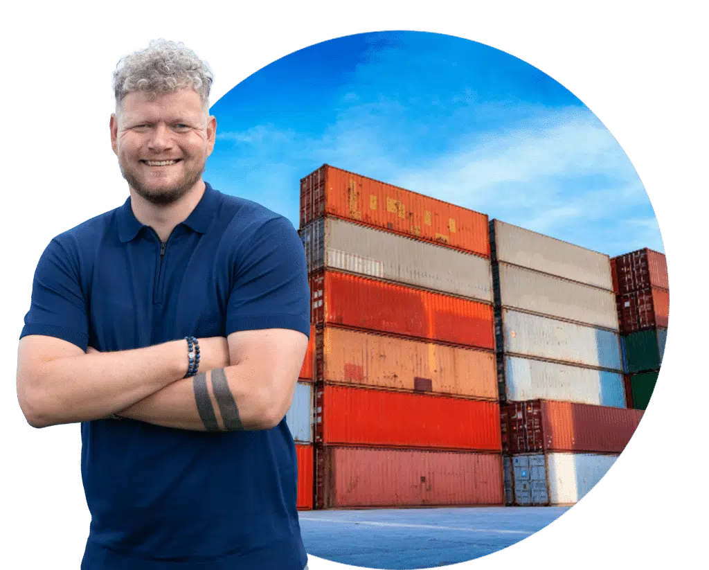 Employee of Cleve & Zonen in front of sea containers